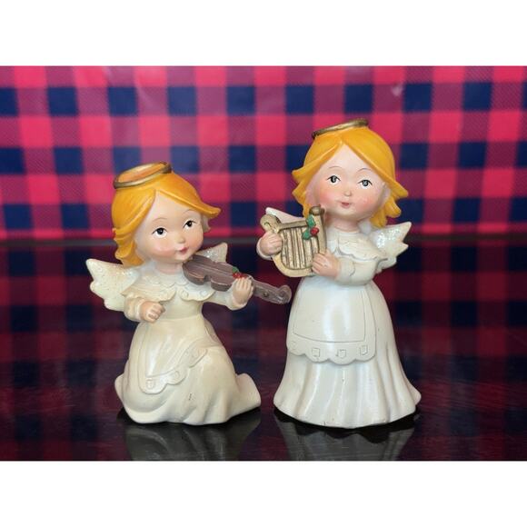 Pair Figurines Christmas Angels with Musical instrumentals - Picture 1 of 8